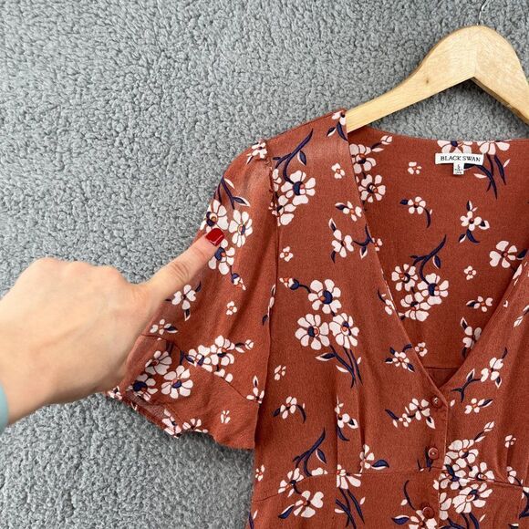 Black Swan Floral Dress Mini V-Neck Ruffle Short Sleeve Size Small womens - Picture 3 of 12
